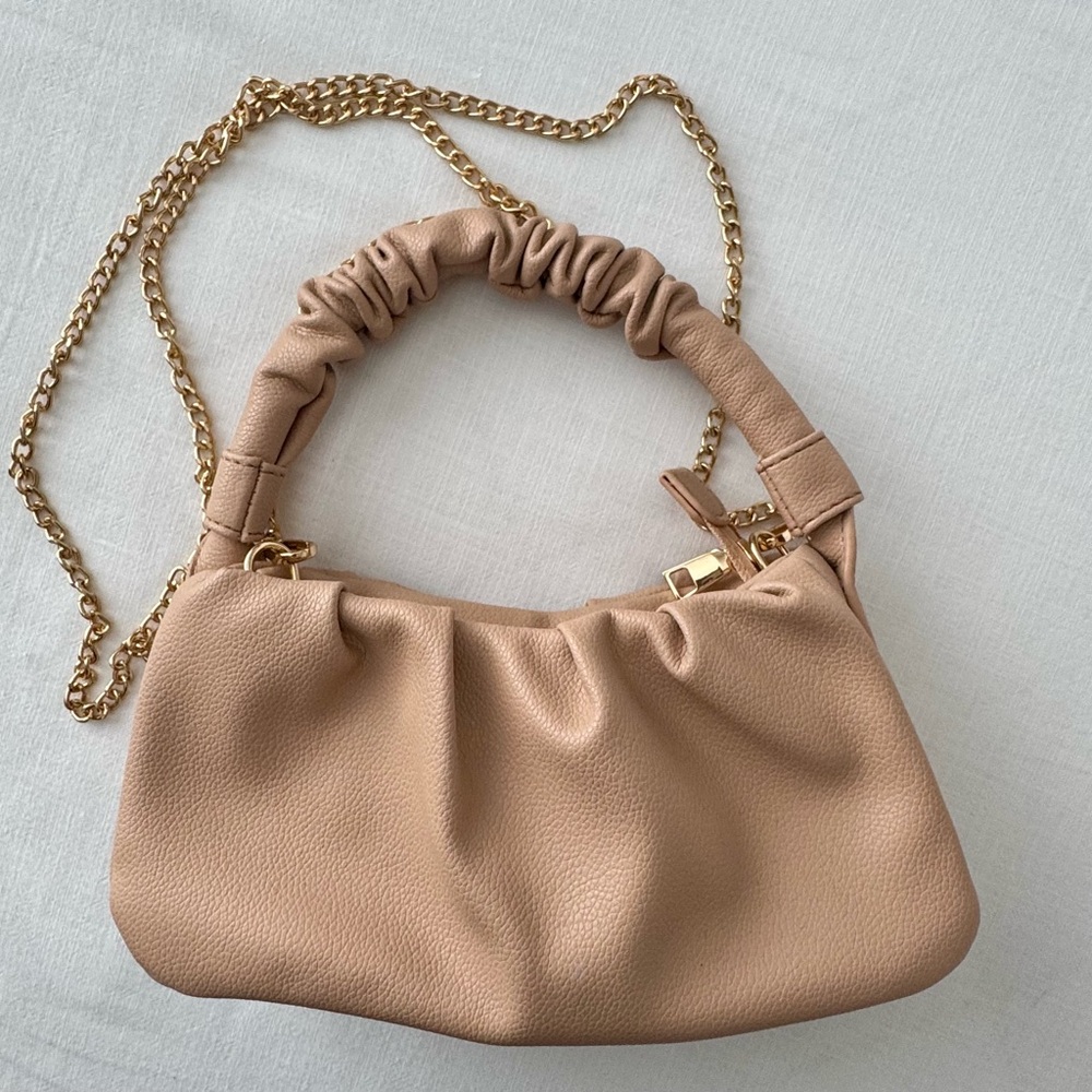 Beige Ruched Handle Shoulder Bag with Gold Chain